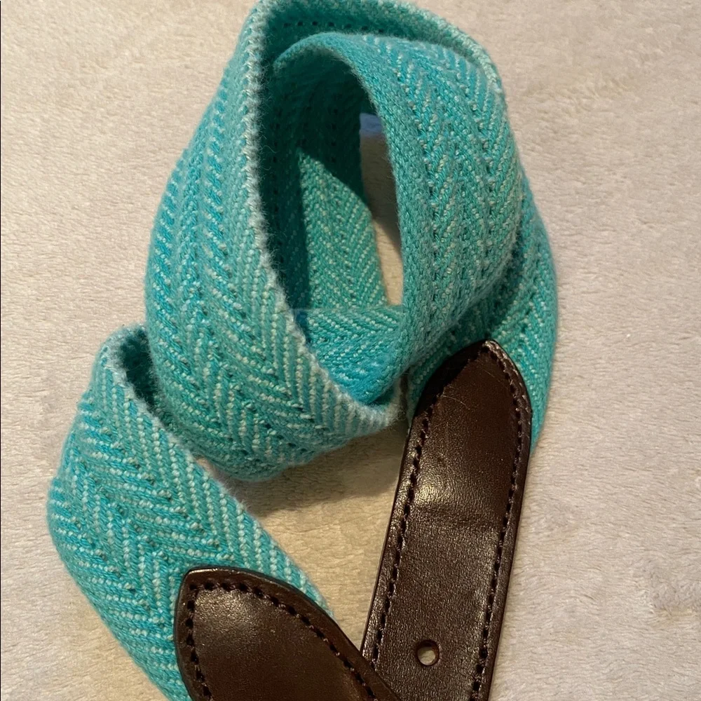 Vineyards Vines mint green woven belt with dark brown leather and brass buckle